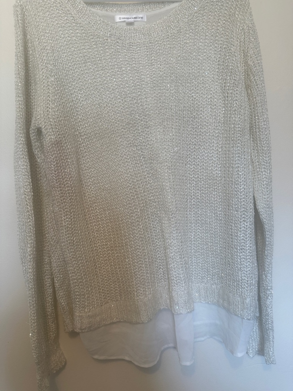 Vince Camuto Silver Metallic Knit Sweater with Chiffon Layer